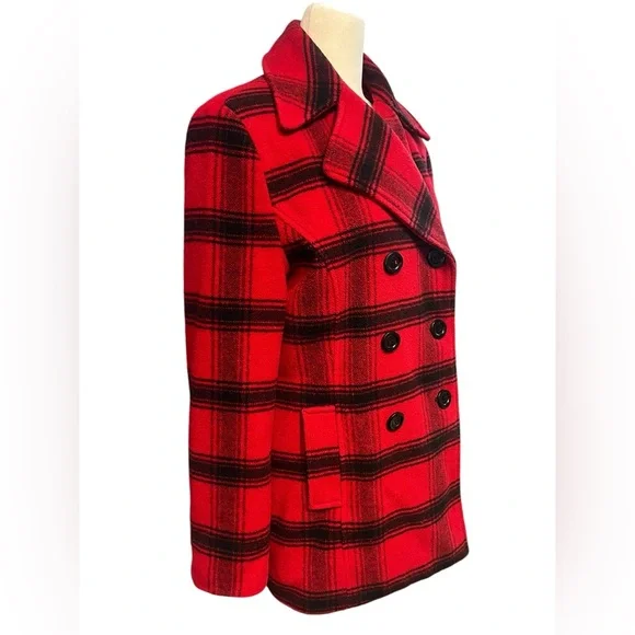 Chadwick’s of Boston Red and Black Plaid Wool Peacoat - Size 6 - Picture 2 of 8